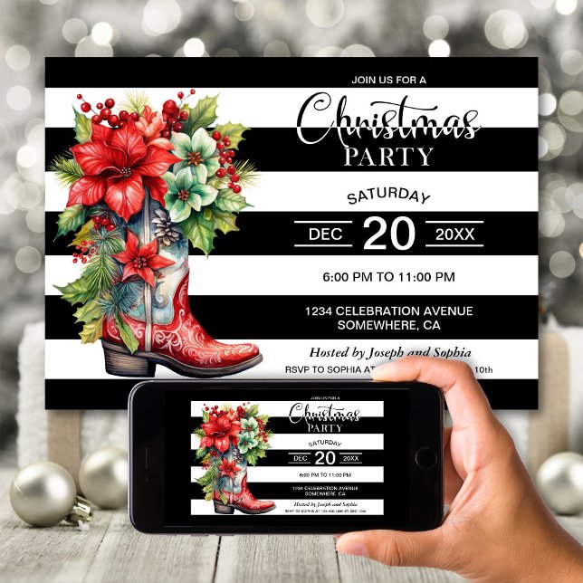 Western Cowboy Boot Black Striped Christmas Party Invitation (Creator Uploaded)