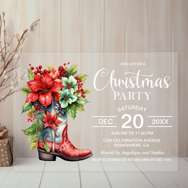 Western Cowboy Boot Christmas Party Acrylic Invitations (Creator Uploaded)