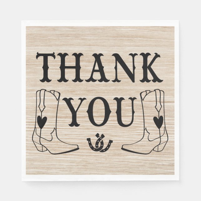 Western Cowboy Boot Country Wedding Wood Thank You Napkins (Front)