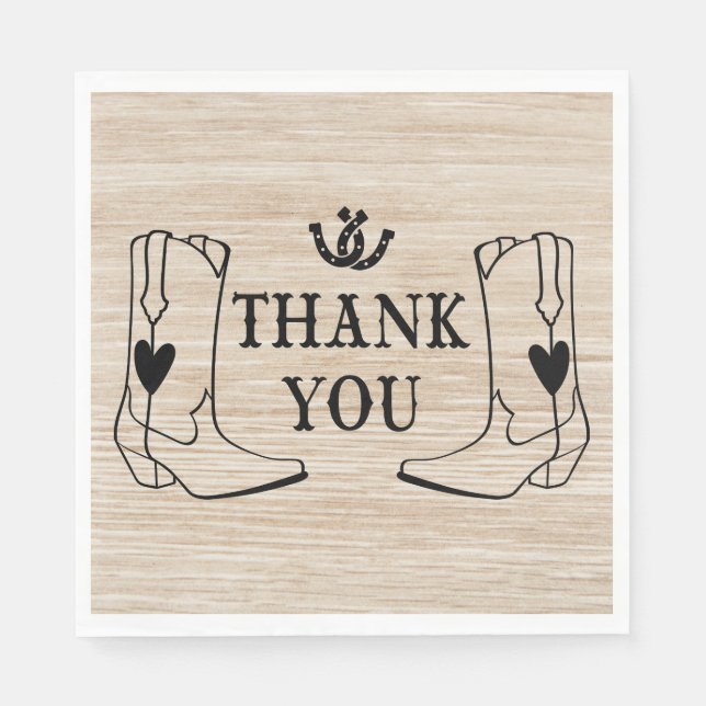 Western Cowboy Boot Country Wedding Wood Thank You Napkins (Front)