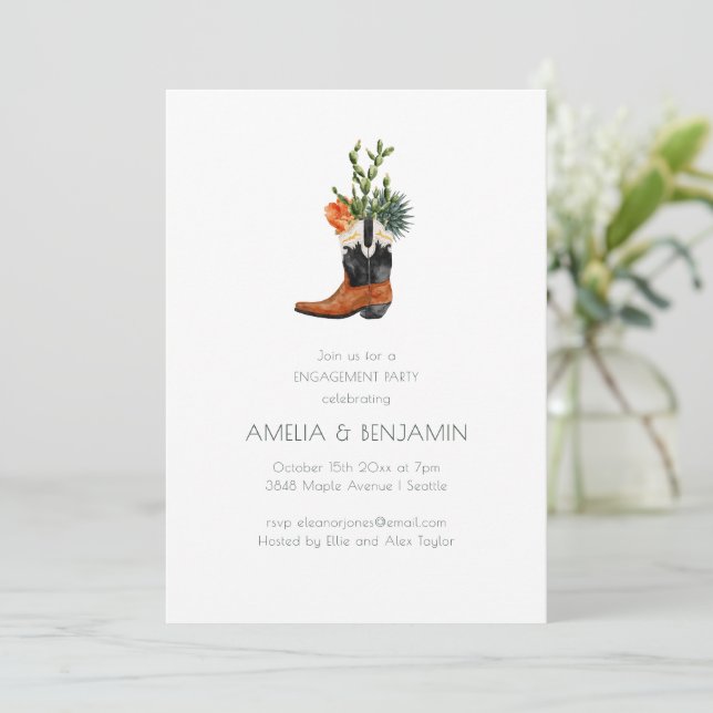 Western Cowboy Boot Desert Cactus Engagement Party Invitation (Standing Front)