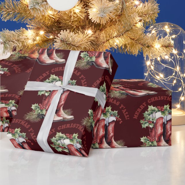 Western Cowboy Boot Merry Christmas Y'all Wrapping Paper (Holidays)
