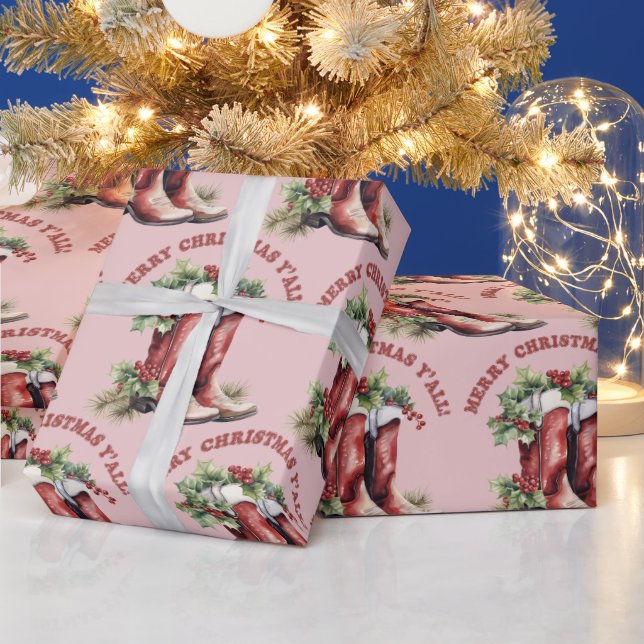 Western Cowboy Boot Merry Christmas Y'all Wrapping Paper (Holidays)