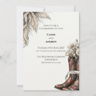 Western Cowboy Boot Pampas Wedding Invitation