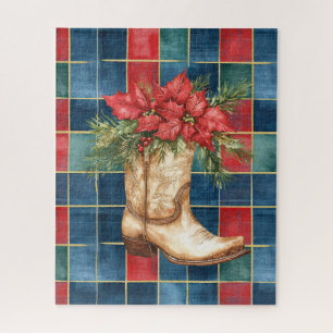 Western Cowboy Boot Red Floral Christmas Jigsaw Puzzle
