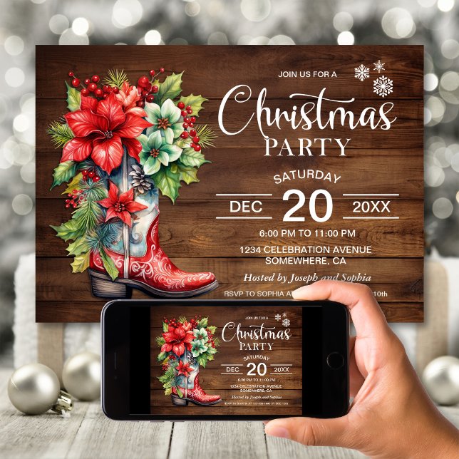 Western Cowboy Boot Wood Christmas Party Invitation (Creator Uploaded)