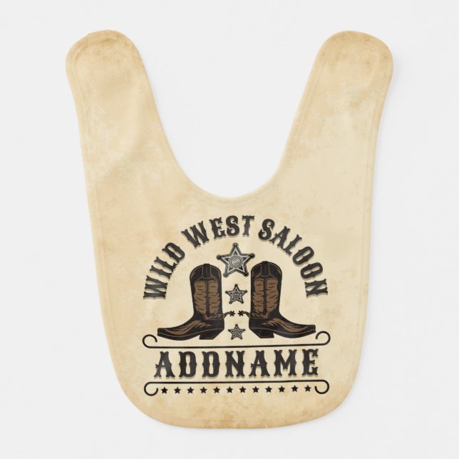 Western Cowboy Boots ADD NAME Sheriff Spurs Saloon Baby Bib (Front)