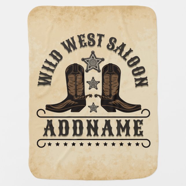 Western Cowboy Boots ADD NAME Sheriff Spurs Saloon Baby Blanket (Front)
