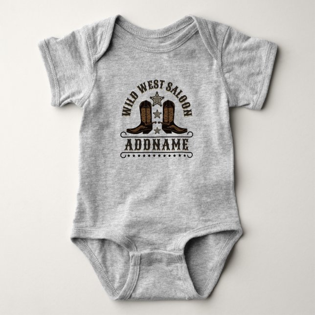 Western Cowboy Boots ADD NAME Sheriff Spurs Saloon Baby Bodysuit (Front)