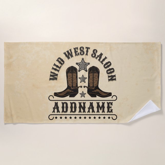 Western Cowboy Boots ADD NAME Sheriff Spurs Saloon Beach Towel (Front)