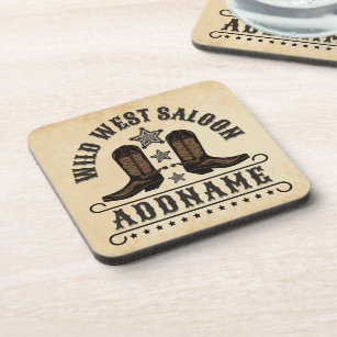 Western Cowboy Boots ADD NAME Sheriff Spurs Saloon Beverage Coaster
