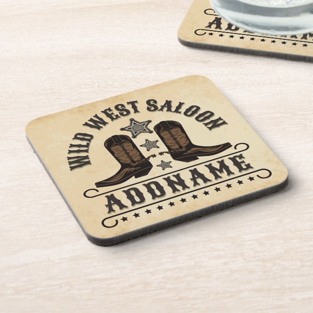 Western Cowboy Boots ADD NAME Sheriff Spurs Saloon Beverage Coaster (Left Side)