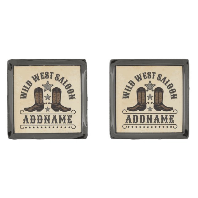 Western Cowboy Boots ADD NAME Sheriff Spurs Saloon Cufflinks (Front)