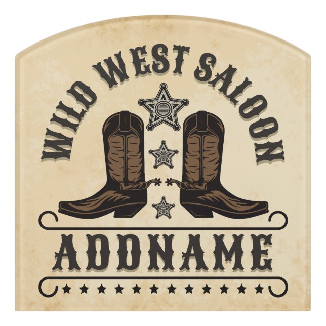 Western Cowboy Boots ADD NAME Sheriff Spurs Saloon Door Sign (Contour Front)