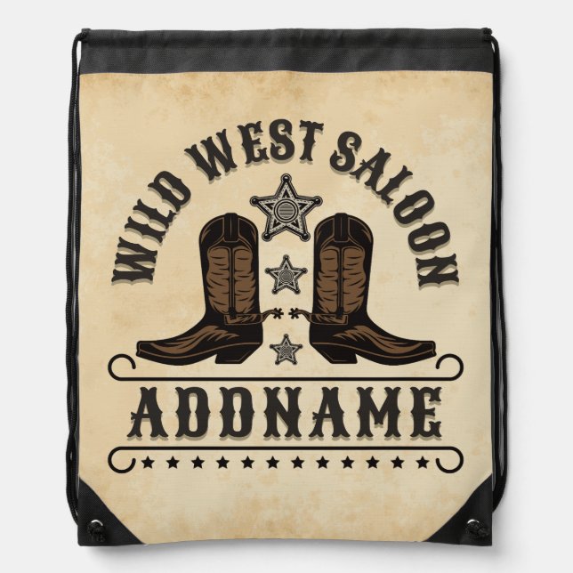 Western Cowboy Boots ADD NAME Sheriff Spurs Saloon Drawstring Bag (Front)