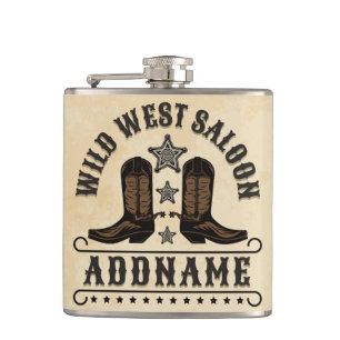 Western Cowboy Boots ADD NAME Sheriff Spurs Saloon Flask