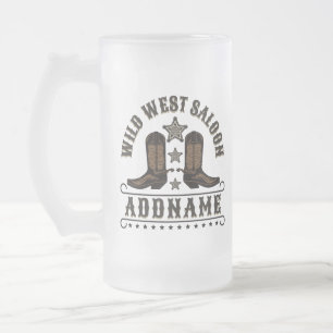 Western Cowboy Boots ADD NAME Sheriff Spurs Saloon Frosted Glass Beer Mug