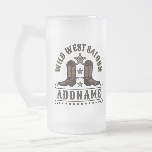 Western Cowboy Boots ADD NAME Sheriff Spurs Saloon Frosted Glass Beer Mug (Left)