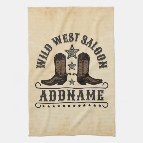 Western Cowboy Boots ADD NAME Sheriff Spurs Saloon Kitchen Towel