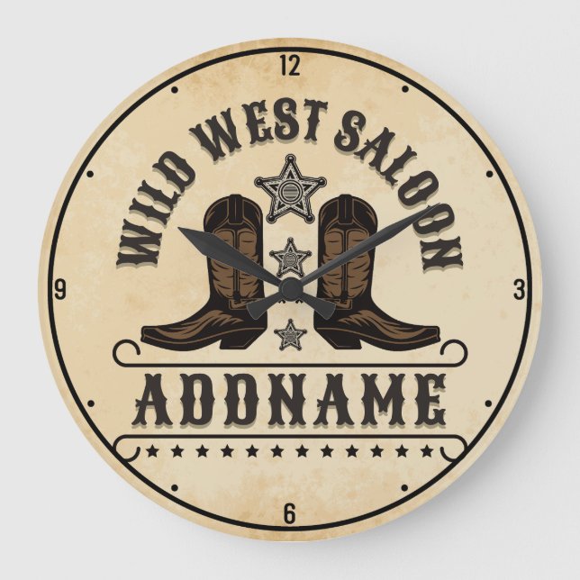 Western Cowboy Boots ADD NAME Sheriff Spurs Saloon Large Clock (Front)