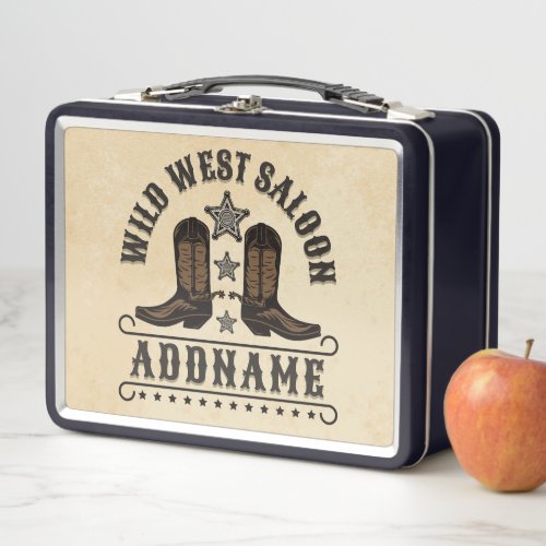 Western Cowboy Boots ADD NAME Sheriff Spurs Saloon Metal Lunch Box