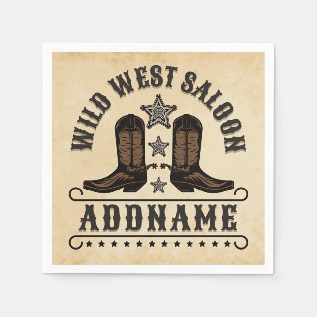 Western Cowboy Boots ADD NAME Sheriff Spurs Saloon Napkins (Front)