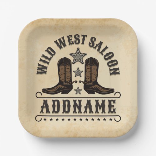 Western Cowboy Boots ADD NAME Sheriff Spurs Saloon Paper Plates
