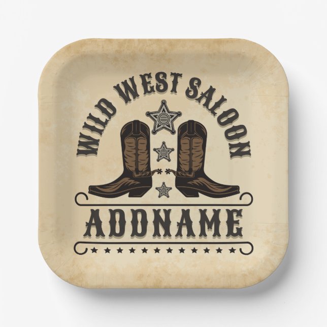 Western Cowboy Boots ADD NAME Sheriff Spurs Saloon Paper Plates (Front)