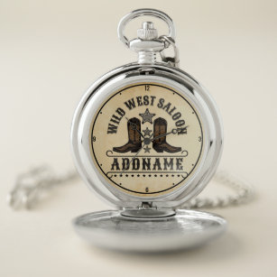 Western Cowboy Boots ADD NAME Sheriff Spurs Saloon Pocket Watch