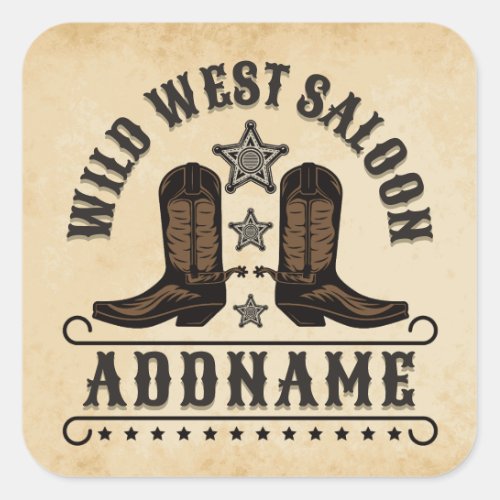 Western Cowboy Boots ADD NAME Sheriff Spurs Saloon Square Sticker