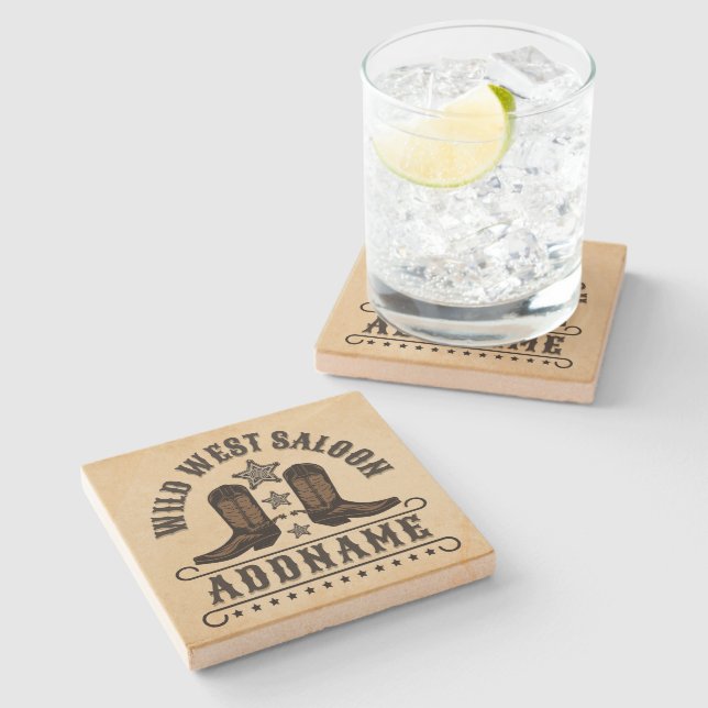 Western Cowboy Boots ADD NAME Sheriff Spurs Saloon Stone Coaster (Side)