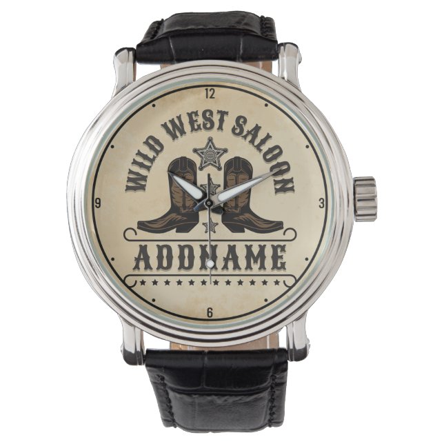 Western Cowboy Boots ADD NAME Sheriff Spurs Saloon Watch (Front)