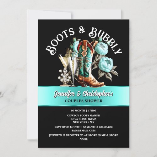 Western cowboy boots black teal bubbly chic  invitation