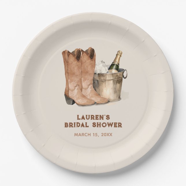 Western Cowboy Boots & Bubbly Bridal Shower Paper Plates (Front)