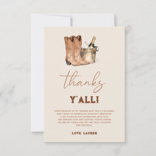 Western Cowboy Boots  Bubbly Bridal Shower Thank You Card