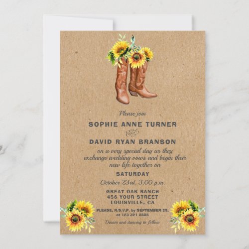 Western Cowboy Boots Country Sunflowers Wedding Invitation