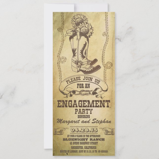 western cowboy boots engagement party invitations (Front)