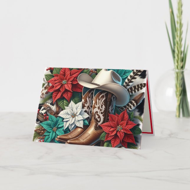 Western Cowboy Boots Floral Cow Hide Christmas Card (Front)