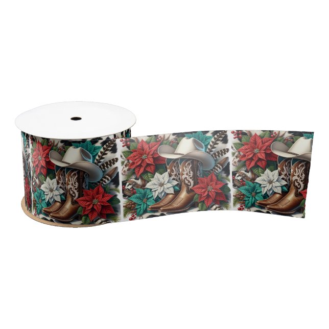 Western Cowboy Boots Floral Cow Hide Christmas Satin Ribbon (Spool)