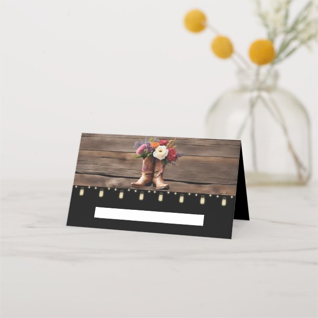 Western Cowboy Boots Floral Elegant Mason Jar Place Card (Front)