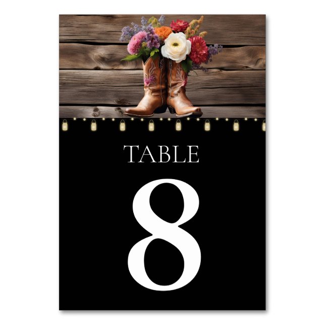 Western Cowboy Boots Floral Elegant Mason Jar Table Number (Front)
