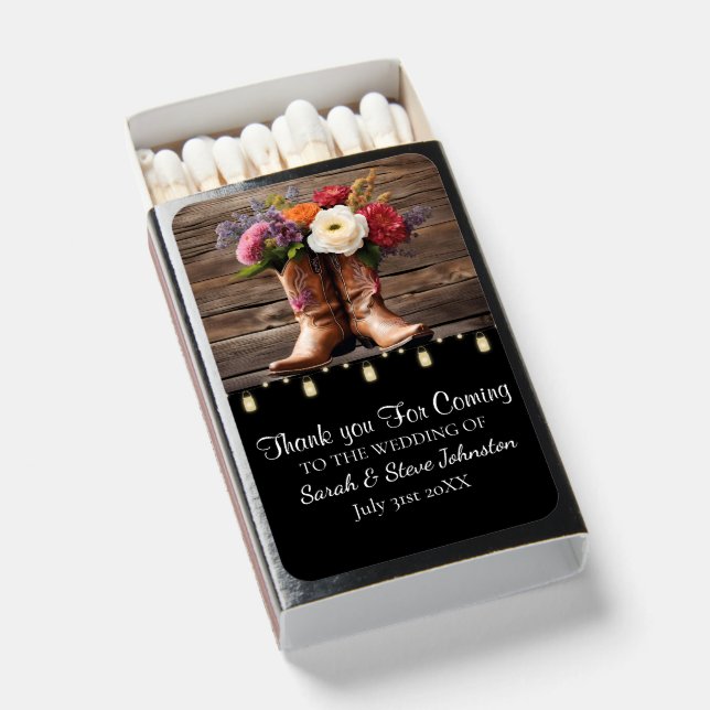 Western Cowboy Boots Floral Elegant Wedding Favor Matchboxes (Front Open)