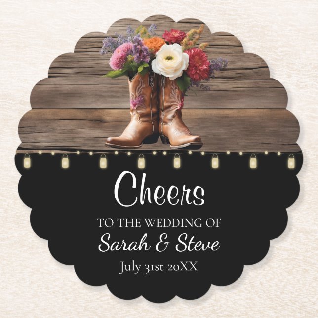 Western Cowboy Boots Floral Elegant Wedding Paper Coaster (Front)