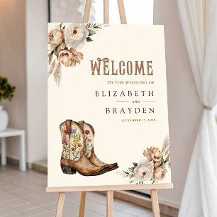 Western Cowboy Boots Floral Wedding Welcome Sign