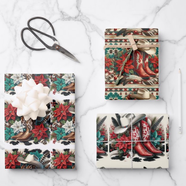 Western Cowboy Boots Hat and Poinsettia Christmas  Wrapping Paper Sheets (Front)
