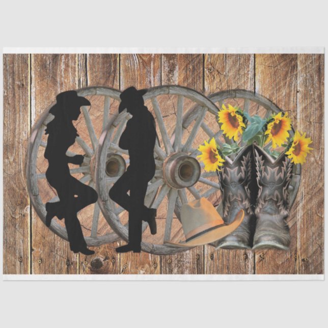 Western Cowboy Boots Hat Sunflowers Wagon Wheel Tissue Paper (Front)