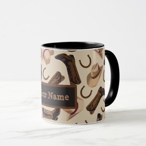 Western Cowboy Boots Hats Beige Name Personalized Mug
