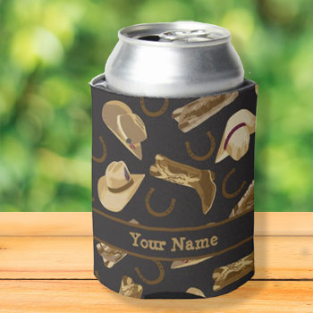 Western Cowboy Boots Hats Black Name Personalized Can Cooler by phyllisdobbs at Zazzle