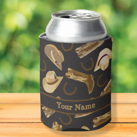 Western Cowboy Boots Hats Black Name Personalized Can Cooler