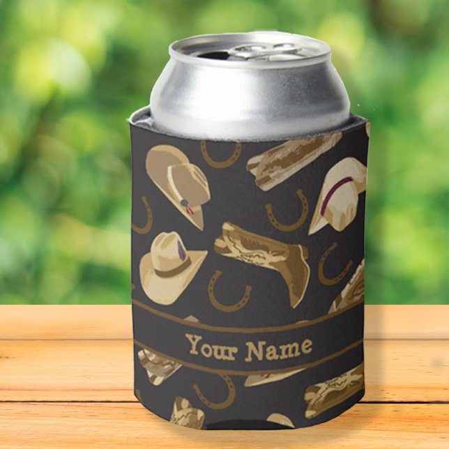 Western Cowboy Boots Hats Black Name Personalized Can Cooler (Creator Uploaded)